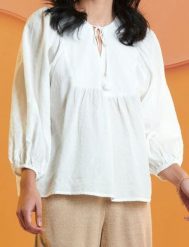 Koszula z bufiastymi rękawami - kremowy. Białe koszule damskie Sinsay, l, bez wzorów, bez kołnierzyka, bez ramiączek. Za 39.99 zł.