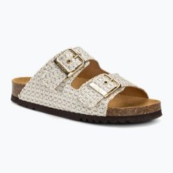 Klapki damskie Scholl Noelle Raf Te. Białe klapki damskie Scholl, bez wzorów, bez obcasa, bez zapięcia. Za 319.99 zł.
