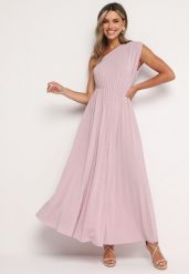 Różowa Plisowana Sukienka o Asymetrycznym Fasonie z Gumką w Talii Naeana. Czerwone sukienki damskie Born2be, bez wzorów, eleganckie, bez ramiączek. Za 159.99 zł.