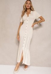 Jasnobeżowa Dopasowana Sukienka z Dzianiny z Wiskozą Zdobiona Guzikami i Falbaną Aluona. Brązowe sukienki damskie Renee, z aplikacjami, z dzianiny, eleganckie, bez ramiączek. Za 179.99 zł.
