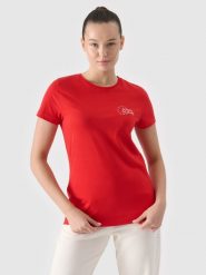 4F T-shirt slim z nadrukiem damski - czerwony XS. Czerwone t-shirty damskie 4F, xs, bez wzorów, z bawełny, bez kołnierzyka. W wyprzedaży za 29.99 zł.