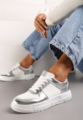 Biało-Srebrne Sneakersy na Niskiej Platformie z Brokatem Nuera. Białe obuwie sportowe damskie Renee, bez zapięcia. Za 49.99 zł.