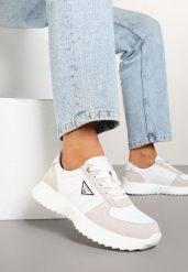 Białe Sneakersy Skórzane z Trójkątną Aplikacją Plinntia. Białe obuwie sportowe damskie Born2be, z jeansu, bez zapięcia. Za 149.99 zł.