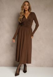 Brązowa Taliowana Sukienka Longsleeve z Wiskozą z Marszczeniem i Dekoltem V Elirie. Brązowe sukienki damskie Renee, bez wzorów, z wiskozy, bez ramiączek. Za 159.99 zł.