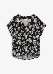 Bluzka tunikowa z lejącego materiału. Czarne bluzki damskie bonprix, bez wzorów, bez kołnierzyka, bez ramiączek. Za 112.99 zł.