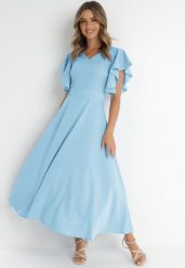 Niebieska Rozkloszowana Sukienka Zdobiona Falbanami Emilienne. Niebieskie sukienki damskie Born2be, z aplikacjami, z jeansu, eleganckie, bez ramiączek. Za 209.99 zł.