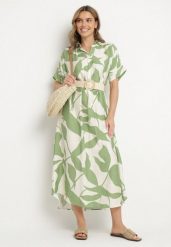 Jasnozielona Sukienka Rozkloszowana z Bawełną w Abstrakcyjny Print Telanisa. Zielone sukienki damskie Born2be, bez wzorów, z bawełny, eleganckie, bez ramiączek. Za 89.99 zł.