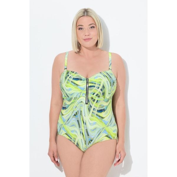 Damski Strój kąpielowy wzór w fale miękkie miseczki zamek błyskawiczny. Zielone stroje jednoczęściowe Ulla Popken, bez wzorów, z elastanu. Za 244.99 zł.