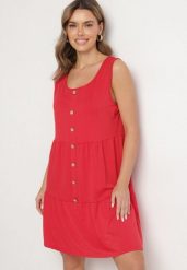 Czerwona Sukienka o Rozkloszowanym Kroju na Szerokich Ramiączkach z Guzikami Saniella. Czerwone sukienki damskie Born2be, bez wzorów, eleganckie, bez ramiączek. Za 69.99 zł.