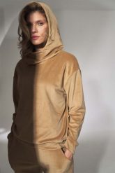 Welurowa Bluza z Kapturem - Beżowa. Brązowe bluzy damskie Figl, l, bez wzorów, z lycry, z kapturem. Za 229.00 zł.