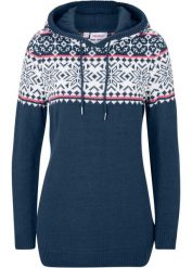 Sweter z kapturem. Niebieskie swetry klasyczne damskie bonprix, z dzianiny, bez kołnierzyka. Za 114.99 zł.