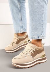 Beżowe Zimowe Sneakersy Ocieplone Futerkiem Vertirani. Brązowe obuwie sportowe damskie Born2be, na zimę, z jeansu, bez zapięcia. Za 109.99 zł.