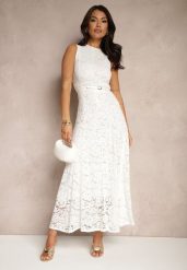 Biała Koronkowa Sukienka Taliowana Wilreti. Białe sukienki damskie Renee, bez wzorów, z koronki, eleganckie, bez ramiączek. Za 139.99 zł.