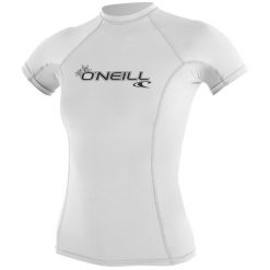Koszulka do pływania damska O'Neill Basic Skins Rash Guard. Białe bluzki damskie O'Neill, m, bez wzorów, bez kołnierzyka, bez ramiączek. Za 161.50 zł.