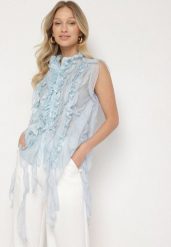 Niebieska Koszula z Ozdobnymi Falbanami Adoria. Niebieskie koszule damskie Born2be, na lato, m, bez wzorów, eleganckie, bez kołnierzyka, bez ramiączek. Za 139.99 zł.