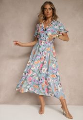 Jasnoniebieska Koszulowa Sukienka w Kwiaty o Rozkloszowanym Fasonie z Paskiem Fevalirra. Niebieskie sukienki damskie Renee, bez wzorów, eleganckie, bez ramiączek. W wyprzedaży za 107.99 zł.