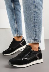 Czarne Sneakersy Ozdobione Suwakiem i Metalicznymi Wstawkami Alua. Czarne obuwie sportowe damskie Renee, na lato, z jeansu, bez zapięcia. Za 119.99 zł.
