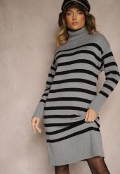 Szaro-Czarna Sukienka Golf Sweterkowa z Modalem i Wiskozą w Paski Gesalttia. Szare sukienki damskie Renee, bez wzorów, z materiału, eleganckie, bez ramiączek. W wyprzedaży za 95.99 zł.