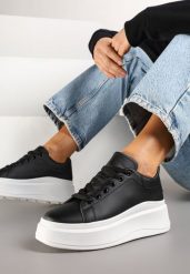 Czarne Sznurowane Sneakersy na Niskiej Platformie z Imitacji Skóry Ajanfa. Czarne obuwie sportowe damskie Renee, ze skóry, bez zapięcia. Za 74.99 zł.