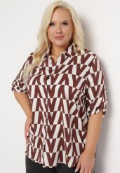Brązowo-Beżowa Koszula w Geometryczny Wzór o Luźnym Kroju Tarnie. Brązowe koszule damskie Born2be, xl, bez wzorów, eleganckie, bez kołnierzyka, bez ramiączek. Za 84.99 zł.