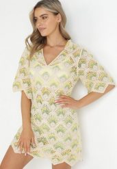 Beżowo-Zielona Pudełkowa Sukienka Mini z Głębokim Dekoltem z Szydełkowej Bawełny Cristel. Brązowe sukienki damskie Born2be, bez wzorów, z bawełny, boho, bez ramiączek. Za 249.99 zł.