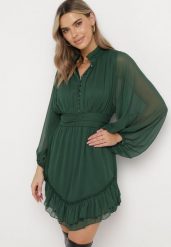 Ciemnozielona Rozkloszowana Sukienka z Falbanką Harlin. Zielone sukienki damskie Born2be, bez wzorów, bez ramiączek. W wyprzedaży za 152.99 zł.