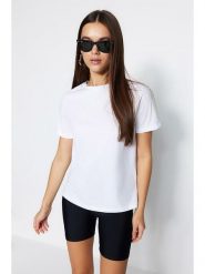 Trendyol Koszulka w kolorze białym rozmiar: L. Białe bluzki damskie Trendyol, l, bez wzorów, z bawełny, bez kołnierzyka, bez ramiączek. Za 34.99 zł.