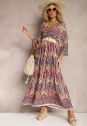 Jasnobeżowa Rozkloszowana Sukienka we Wzór Paisley z Rękawem 3/4 Briarwa. Brązowe sukienki damskie Renee, bez wzorów, eleganckie, bez ramiączek. W wyprzedaży za 56.99 zł.