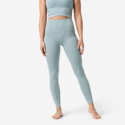 Legginsy do jogi i pilatesu damskie. Niebieskie legginsy damskie Decathlon, l, bez wzorów, z elastanu, z podwyższonym stanem, na fitness i siłownię. Za 129.99 zł.