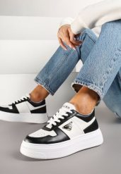 Czarno-Białe Sneakersy Vices na Platformie z Perforacją i Geometryczną Aplikacją Vilvesia. Czarne obuwie sportowe damskie Renee, z jeansu, bez zapięcia. Za 99.99 zł.