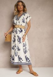 Niebiesko-Beżowa Pudełkowa Sukienka z Wiskozą i Lnem Sadeone. Niebieskie sukienki damskie Renee, bez wzorów, z wiskozy, eleganckie, bez ramiączek. W wyprzedaży za 63.99 zł.