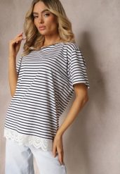 Biały T-shirt z Bawełny z Koronkową Wstawką w Paski Plastina. Białe t-shirty damskie Renee, l, z aplikacjami, z bawełny, bez kołnierzyka. Za 49.99 zł.