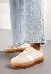 Beżowe Płaskie Sneakersy Ozdobione Paskami Norili. Brązowe obuwie sportowe damskie Born2be, z jeansu, bez zapięcia, tenisowe. Za 84.99 zł.