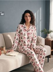 Dwuczęściowa piżama świąteczna w choinki i kokardy - wielobarwny. Piżamy damskie Sinsay, bez wzorów, bez ramiączek. Za 69.99 zł.