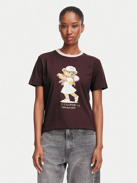 Guess T-Shirt V6BI14 K6742 Bordowy Regular Fit. Czerwone t-shirty damskie Guess, s, z aplikacjami, z bawełny, bez kołnierzyka. Za 174.99 zł.