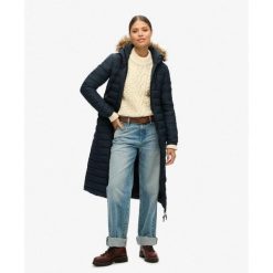 Płaszcz Super Longline Fuji. Niebieskie płaszcze damskie Superdry, bez wzorów, bez kaptura. W wyprzedaży za 640.45 zł.