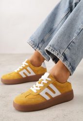 Żółte Sneakersy Skórzane w Stylu Tenisówek z Geometrycznym Wzorem Eshiryla. Żółte obuwie sportowe damskie Renee, bez zapięcia, tenisowe. Za 199.99 zł.