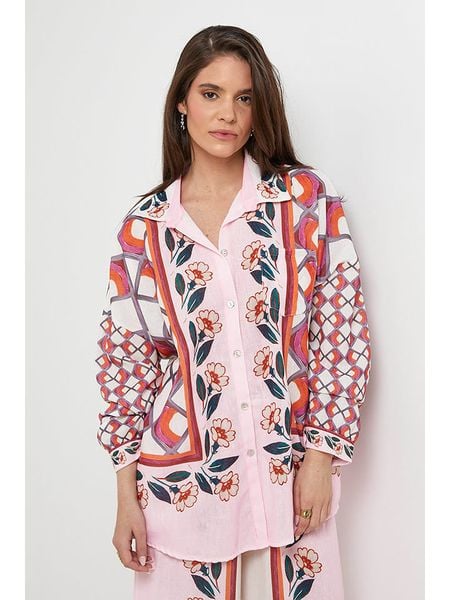 Rodier Lin Lniana koszula w kolorze jasnoróżowo-białym rozmiar: S/M. Białe koszule damskie Rodier Lin, m, bez wzorów, ze lnu, bez kołnierzyka, bez ramiączek. Za 118.84 zł.