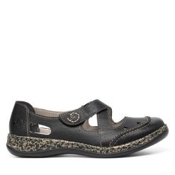 Półbuty Rieker. Czarne półbuty damskie Rieker, bez wzorów, bez obcasa, na płaskiej podeszwie, bez zapięcia. Za 329.99 zł.