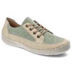 Zielone Półbuty Rieker Modne Buty Damskie. Zielone półbuty damskie Rieker, na wiosnę, bez wzorów, ze skóry ekologicznej, bez obcasa, bez zapięcia. Za 259.00 zł.
