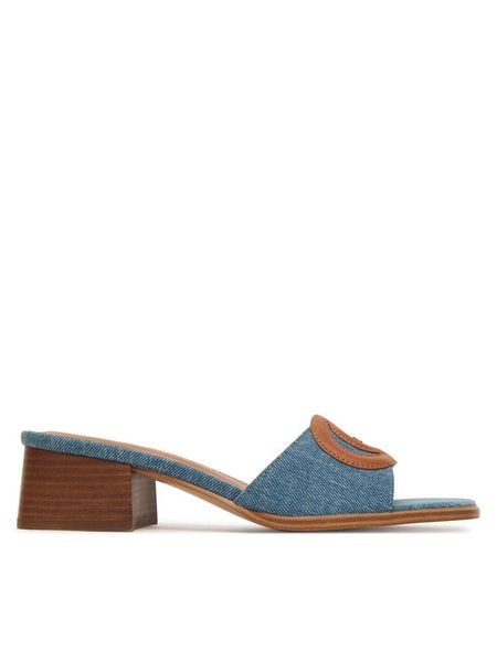 Guess Klapki FLJCN3 DEN03 Niebieski. Niebieskie klapki damskie Guess, z aplikacjami, z materiału, bez obcasa, bez zapięcia. Za 329.99 zł.