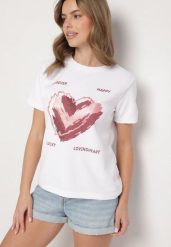 Biały T-shirt z Ozdobnym Nadrukiem Palithiela. Białe t-shirty damskie Born2be, l, bez wzorów, z jeansu, bez kołnierzyka. Za 29.99 zł.