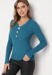Niebieski Sweter z Bawełną z Prążkowanego Materiału Ozdobiony Guzikami Zinfera. Niebieskie swetry klasyczne damskie Born2be, uniwersalny, z bawełny, bez kołnierzyka. Za 44.99 zł.
