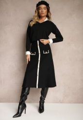 Czarna Spódnica High Waist z Guzikami Imitacją Kieszeni i Gumką w Pasie Melorana. Czarne spódnice damskie Renee, na zimę, m, bez wzorów, z dzianiny, midi. Za 84.99 zł.