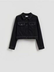 Jeansowa kurtka z dżetami - czarny. Czarne kurtki damskie Reserved, l, bez wzorów, z denimu, bez kaptura. Za 159.99 zł.