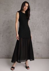 Czarna Ażurowa Sukienka z Transparentnym Dołem i Usztywnionymi Ramionami Semiris. Czarne sukienki damskie Renee, w ażurowe wzory, klasyczne, bez ramiączek. Za 119.99 zł.