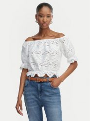 Guess Bluzka W6GP47 K3336 Biały Regular Fit. Białe bluzki damskie Guess, xxl, z aplikacjami, z bawełny, bez kołnierzyka, bez ramiączek. Za 294.99 zł.