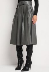 Szara Rozkloszowana Spódnica Preppy Plisowana z Wysokim Stanem z Ekoskóry z Paskiem Irivale. Szare spódnice damskie Born2be, na co dzień, s, bez wzorów, eleganckie, midi. Za 79.99 zł.