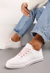 Biało-Różowe Płaskie Sznurowane Tenisówki przed Kostkę Ozdobione Perforacją Serettia. Białe obuwie sportowe casual damskie Renee, bez zapięcia. Za 39.99 zł.