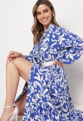 Granatowo-Biała Wiskozowa Sukienka Maxi z Falbanką Rozkloszowana w Ornamentalny Wzór Keirrasa. Niebieskie sukienki damskie Born2be, bez wzorów, z wiskozy, eleganckie, bez ramiączek. W wyprzedaży za 118.99 zł.